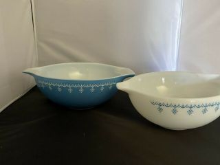 Vintage Set Of 2 Pyrex Snowflake Blue Garland Cinderella Mixing Bowl 444 443