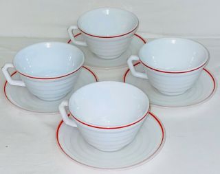 4 Hazel Atlas Moderntone Platonite White W/red Stripe Cups & Opaque Saucers