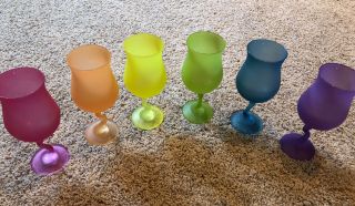 Set Of 6 Frosted Colored Glass Wine Glasses Bent Stem Vintage Fancy Rainbw