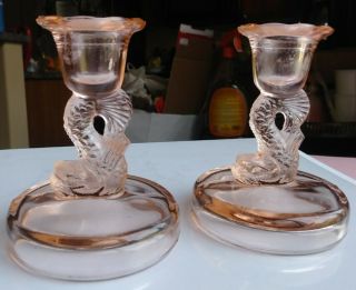Pair Vintage Pink Depression Glass Candle Holder W/ Fish Stem 4.  5 " H