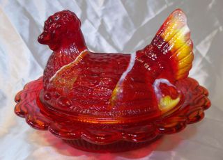 Awesome Red Slag Glass Hen On Nest Candy Bowl Or Ring Jewelry Holder Mosser Look