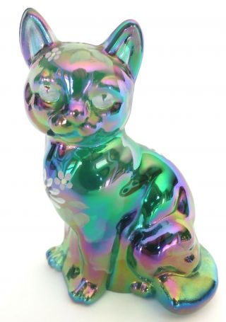 Fenton 3.  75 " Green Iridescent Carnival Glass Sitting Cat W/white Flowers Signed