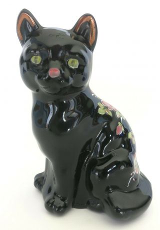 Fenton 3.  75 " Black Sitting Cat W/ Pink Flowers Signed