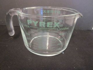 Vintage Pyrex Glass 1 Quart 4 Cup Measuring Cup Bowl Clear Green Made In Usa
