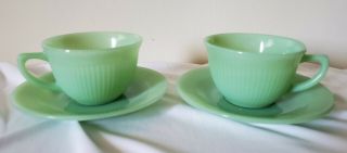 2 Fire King Jade - Ite Jane Ray Cups And Saucers Vintage Oven Ware Usa