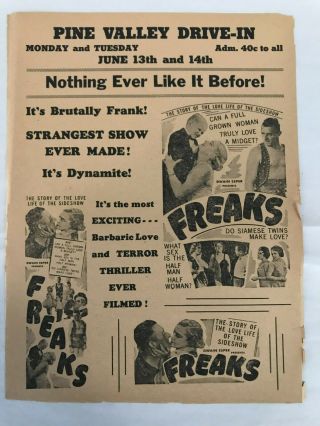Freaks 1950s Orig Movie Pine Valley Drive - In Flyer Todd Browning Film Sideshow