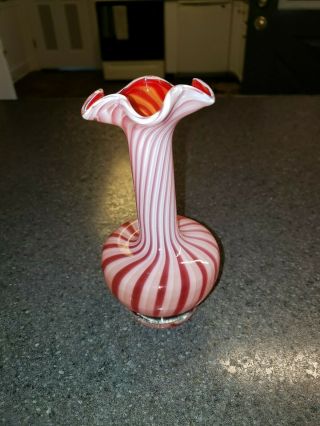 Vintage Hand Blown Orange,  White And Red Swirl Cased Art Glass Vase