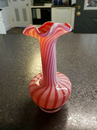 Vintage Hand Blown Orange,  White and Red Swirl Cased Art Glass Vase 2