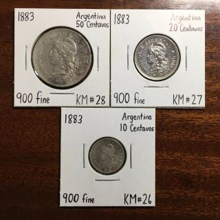 Argentina Silver Coin Set: 1883 10,  20,  50 Centavos