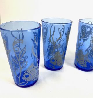 Vintage 30s Art Deco Set Of 5 Cobalt Blue Fish Mid Century Juice Glasses Barware