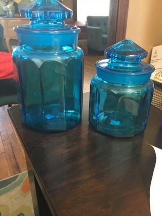 2 Vintage Turquoise Glass Paneled Apothecary Jars,  Canisters Le Smith