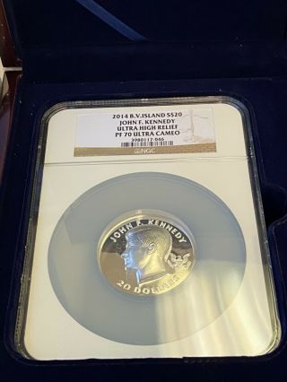 2014 $20 Bvi Silver 4 Oz John F Kennedy Ultra High Relief Ngc Pf 70 With Ogp