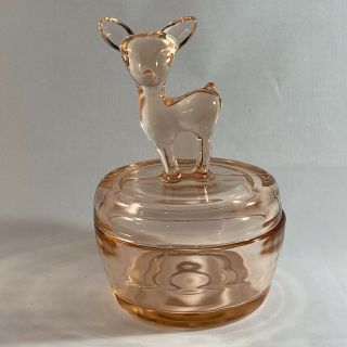 Vintage Depression Glass Pink Fawn Deer Powder Trinket Vanity Box Jeanette 1940