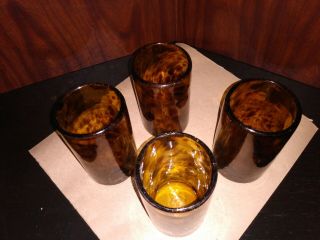 Set Of 4 Vintage,  Hand Blown Drinking Glasses,  Brown Tortoise Shell Glass,  12 Oz