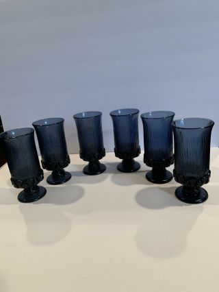 6 Vintage Fostoria Sorrento Cobalt Blue Tea Goblets / Glasses 6 3/4 In