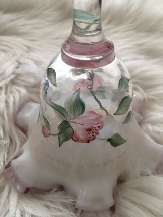 Vintage Fenton Art Glass,  Pink Opalescent Ruffled Bell Hand Painted & Sgned