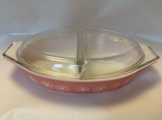 Vintage Pyrex Pink Daisy Cinderella Divided Casserole Dish 1.  5 Quart with Lid 2