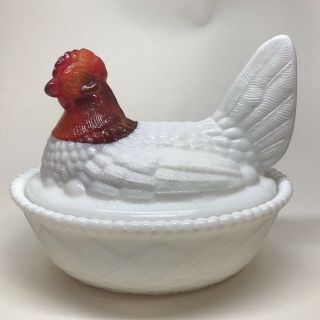 5” Rosso Hen On Nest - Milk Glass With Red Head