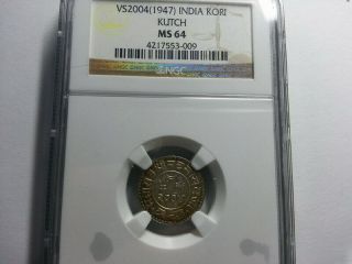 India Princely States 1947 Kutch Kori,  Silver Coin,  Ngc Ms 64 Unc