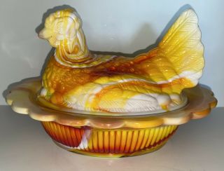 Mosser Hen On Nest Covered Candy Dish - Amber / Orange Slag Glass