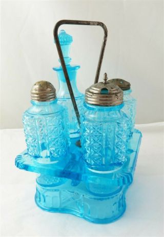 Vintage Eapg Blue Star Cut Pattern Glass Castor/condiment Set W/holder