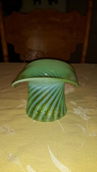 Fenton Green Opalescent Spiral Optic Top Hat Vase,