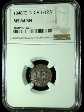 British East India Company 1848 C 1/12 Anna Ngc Ms - 64 Only 6 Graded Higher