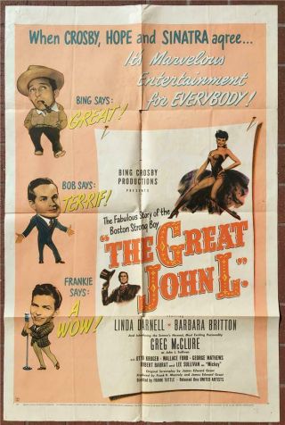 The Great John L One Sheet Movie Poster Frank Sinatra,  Bing Crosby,  Bob Hope Art