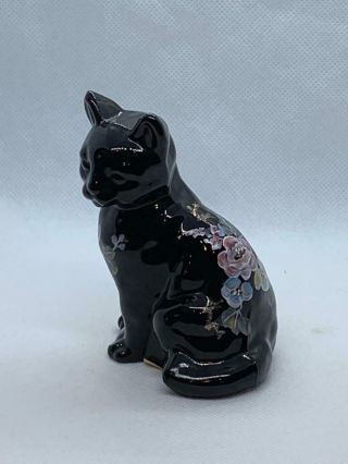 Vintage Fenton Black Cat With Hand Painted Flowers Artist Signed & Sticker