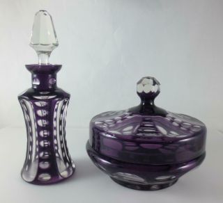 Vtg Bohemian Amethyst Cut To Clear Glass Perfume Bottle & Powder Jar Vanity Set