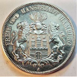 German States 1913 - J Hamburg 5 Marks Brilliant Au Silver Coin