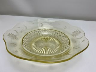 1930s Yellow Topaz Jubilee 11” Serving Bowl Etched Lancaster Depression Glass