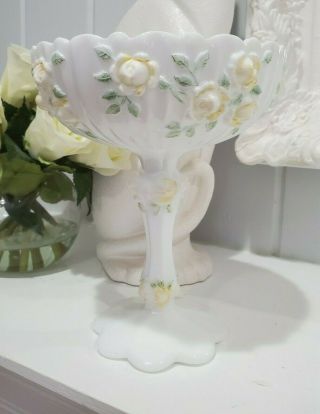 Vintage Fenton Milk Glass Compote Candy Fruit Dish Cabbage Rose Pedestal 7.  5 "