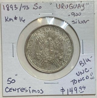 1893/73 So Uruguay 50 Centesimos.  900 Silver Km 16