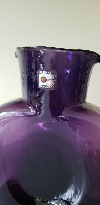 BLENKO Amethyst Purple Art Glass Pitcher Water Jug Dual Spout window decor 2