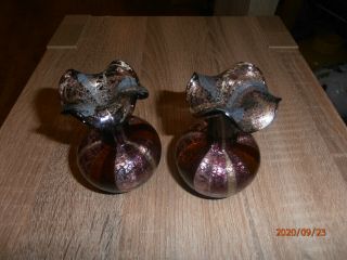 2 X Murano Art Style Hand Blown Purple,  Gold,  Blue Crackled Glass Vase