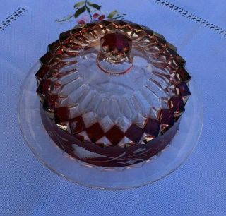 Vintage Bohemian Czech Art Glass Cut To Clear Red Ruby Butter Cheese Dish W Lid