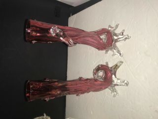 2 Art Cranberry & Clear Glass Handblown Footed Vases 8” Tall