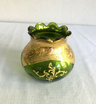 Vintage Murano/venetian Glass Vase,  Green W/ Gold Overlay,  Hand Painted,  3.  25 " H