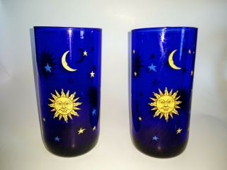 2 Vintage Libbey Cobalt Blue Celestial Sun,  Moon & Stars Tumbler Glasses