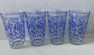 4 Vintage Blue Floral Pattern Clear Drinking Juice Glasses Retro 10 Oz