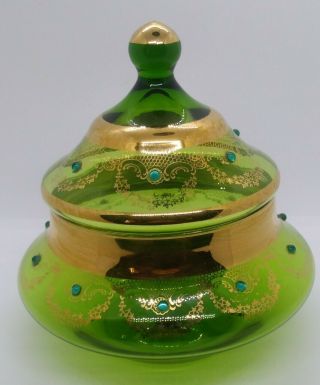 Vintage Italian Green Art Glass Apothecary Jar Candy Dish Gold Gilt Jeweled