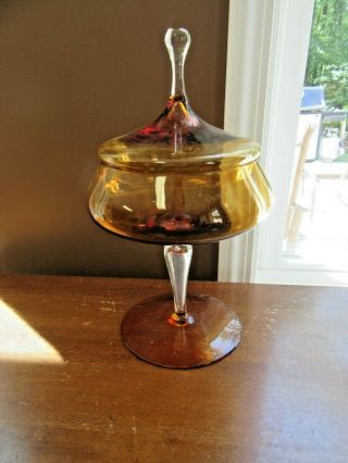Mid Century Empoli Art Glass Apothecary Candy Jar Dish Amber & Clear 12.  5 "