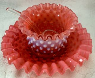 Fenton Cranberry Opalescent Hobnail Ruffled Rim Bowl & Underplate,  Spoon