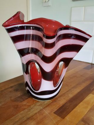Unusual Large 13 " Fluted Hand Blown Art Glass Vase Red White Zebra Abstract