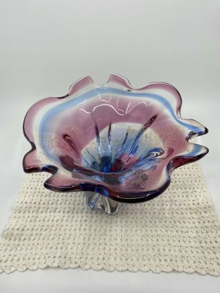 Vintage Art Glass Murano Bowl 6” Tall Blue,  Pink And Clear