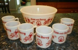 Vintage Anchor Hocking Fire King 7 Piece Tom & Jerry Christmas Punch Bowl Set
