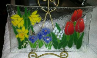 Signed Peggy Karr 10 " Rectangle Spring Flowers Fused Glass Tray Tulips Daffodils