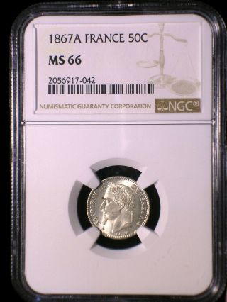 France Second Empire 1867 A 50 Centimes Ngc Ms - 66 Only 1 Graded Higher