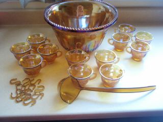 Vintage Indiana Harvest Gold Amber Carnival Glass Grape Punch Bowl12 Cups /hooks